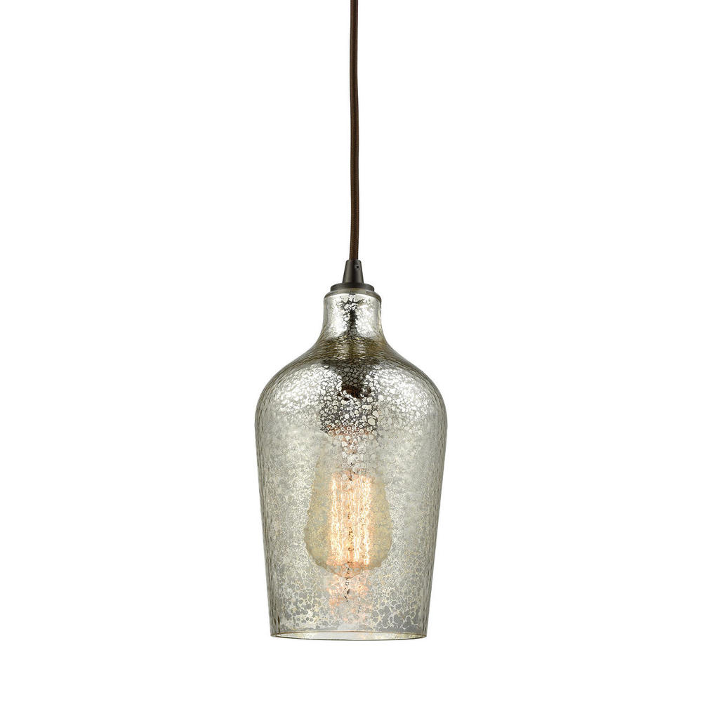 Hammered Glass 1-Light Mini Pendant in Oiled Bronze with Hammered Mercury Glass