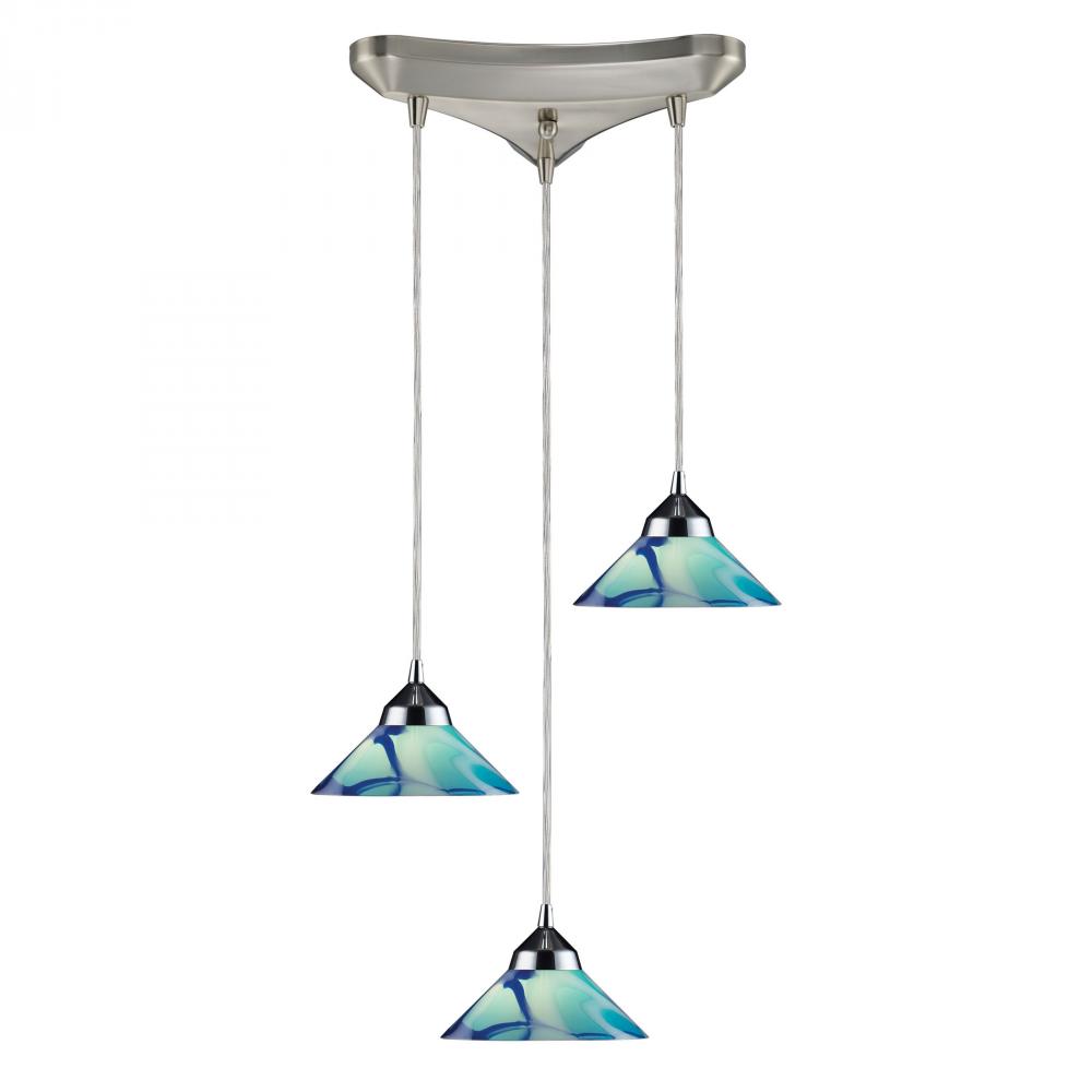 Refraction 3-Light Triangular Pendant Fixture in Polished Chrome with Caribbean Glass