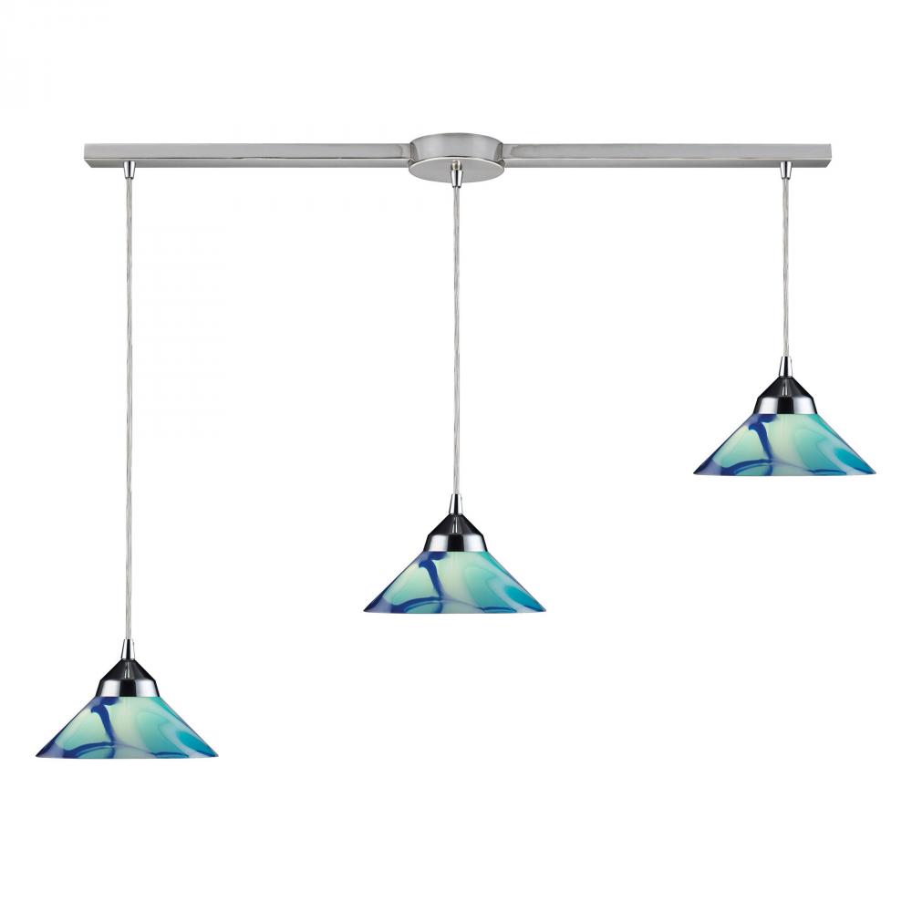 Refraction 3-Light Linear Pendant Fixture in Polished Chrome with Satin Glass