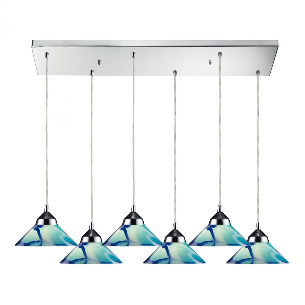 Refraction 6-Light Rectangular Pendant Fixture in Polished Chrome with Caribbean Glass