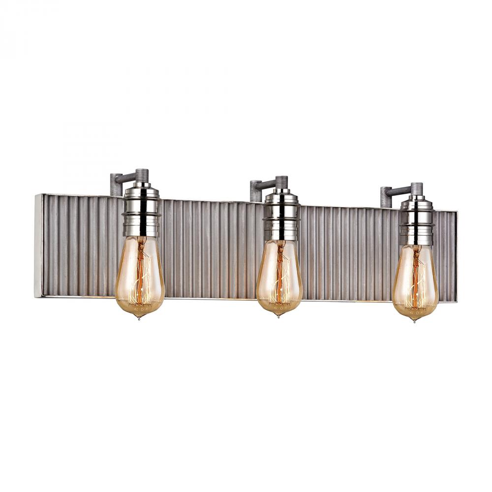 Corrugated Steel 3-Light Vanity Sconce in Polished Nickel and Weathered Zinc/Corrugated Steel
