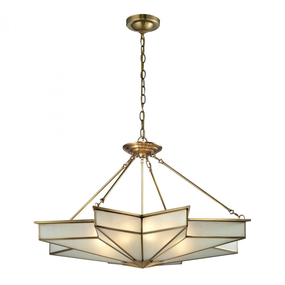 Decostar 8-Light Chandelier in Brushed Brass with Frosted Glass Panels