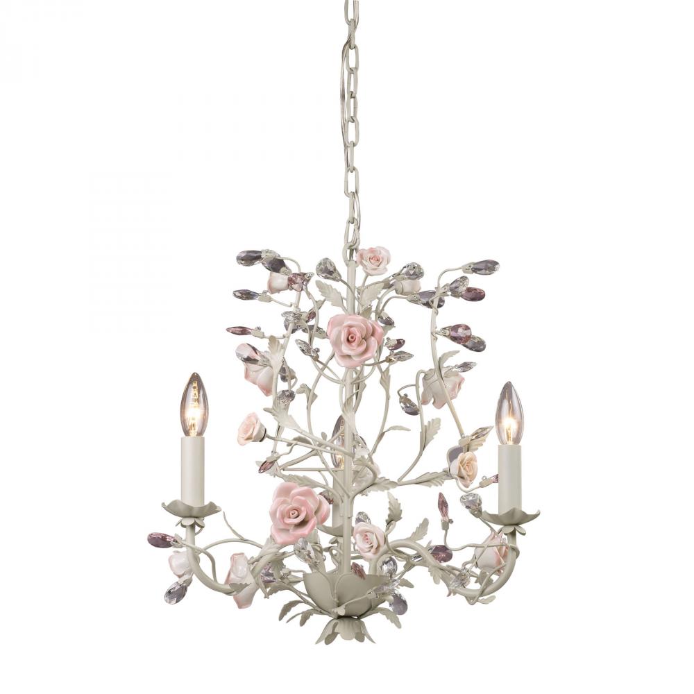 Heritage 3-Light Chandelier in Cream with Porcelain Roses and Crystal