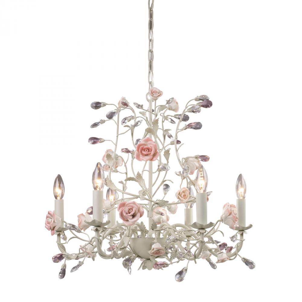 Heritage 6-Light Chandelier in Cream with Porcelain Roses and Crystal