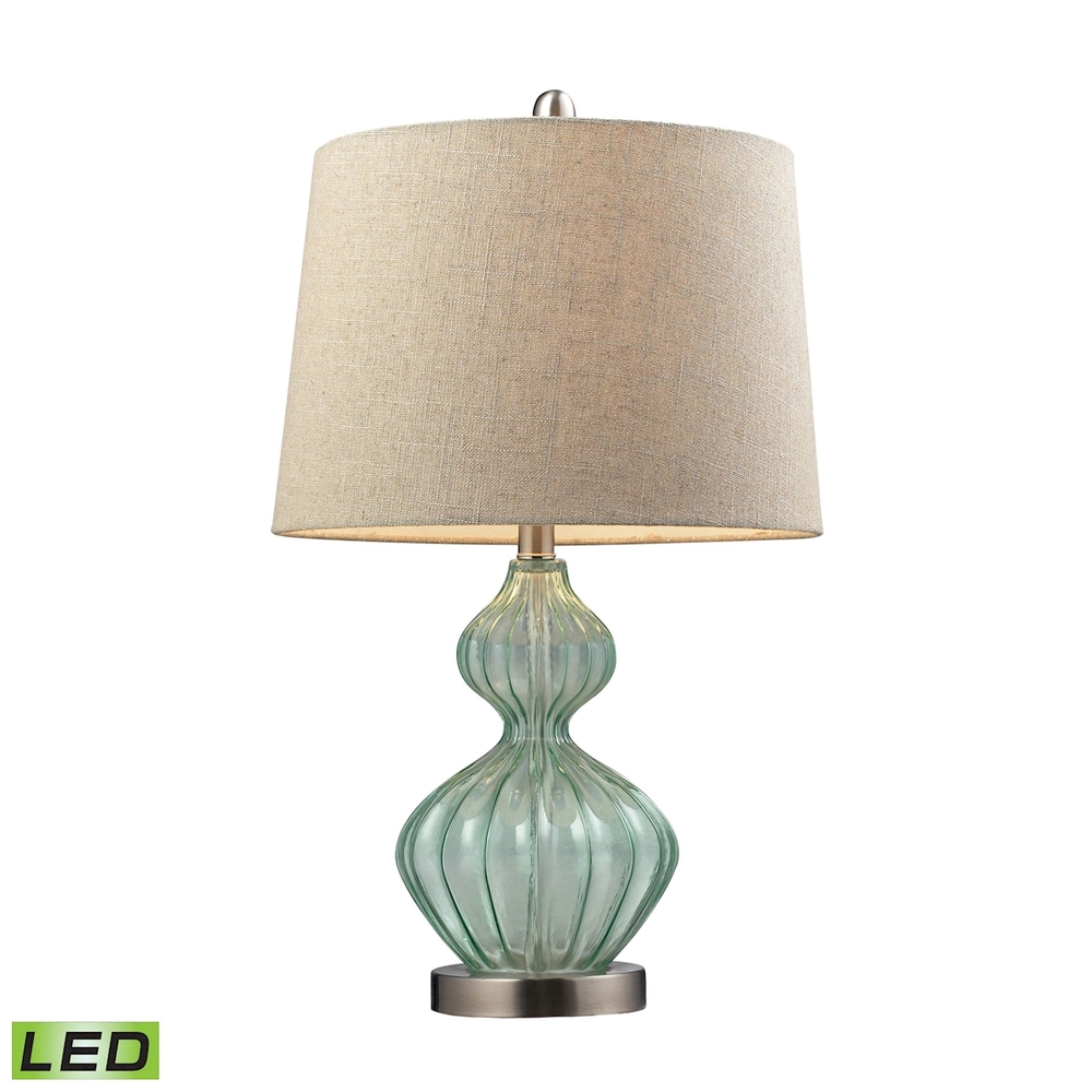 Smoked Glass Table Lamp in Pale Green with Metallic Linen Shade - LED