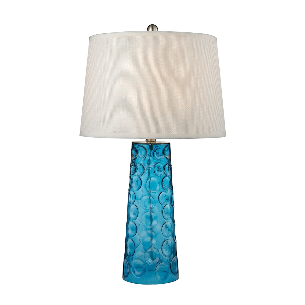 Hammered Glass Table Lamp in Blue with Pure White Linen Shade