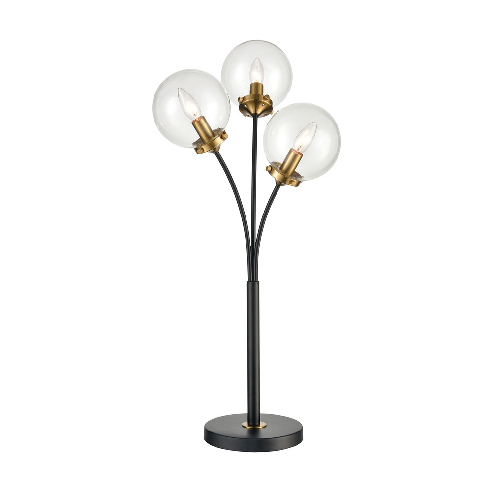 Boudreaux 3-Light Table Lamp in Burnished Brass and Matte Black with Mouth-blown Clear Glass Orbs