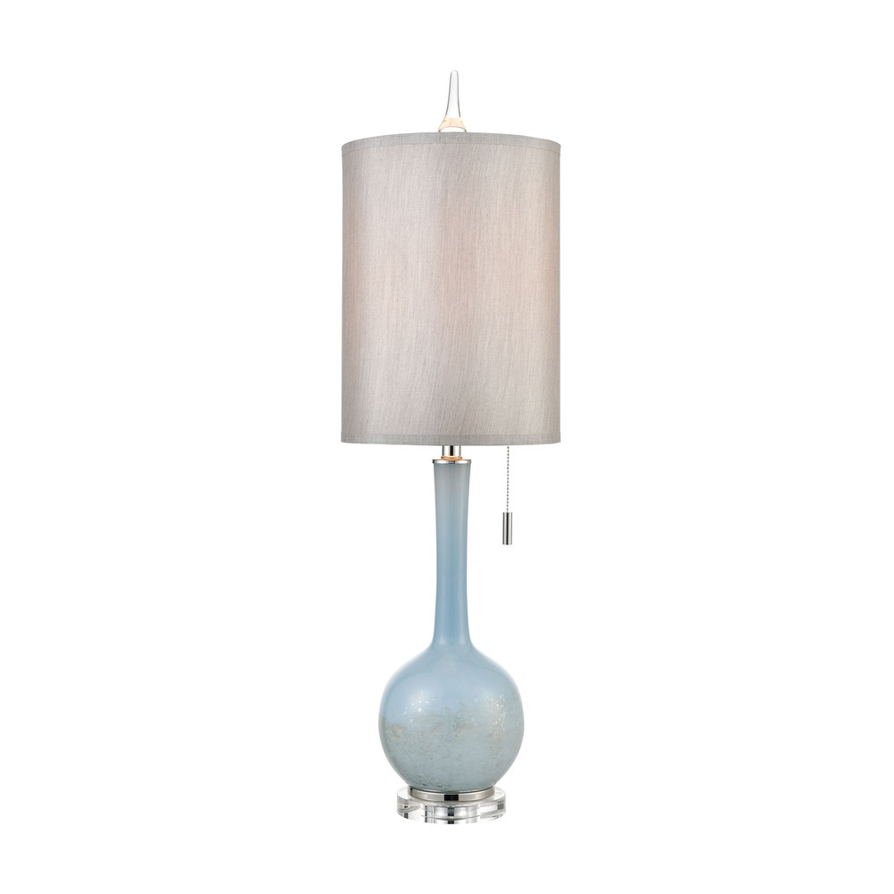 Quantum Table Lamp in Blue and Polished Nickel with a Light Grey Faux Silk Shade and Clear Crystal