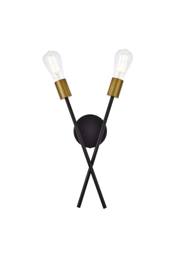 Armin 2 lights wall sconce in black with brass