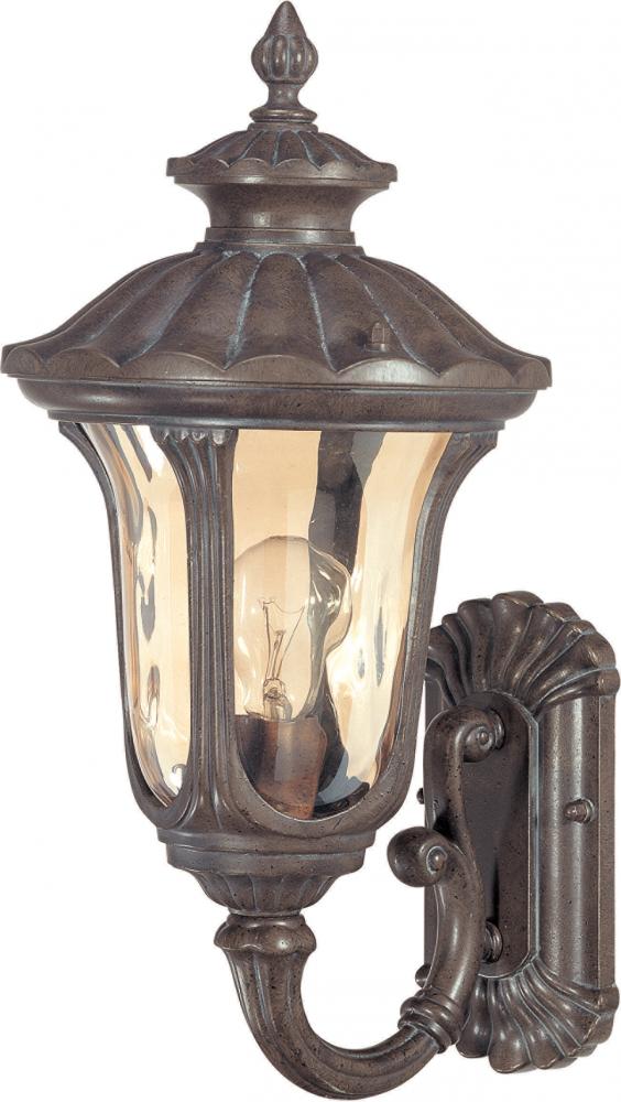 1-Light Small Outdoor Wall Lantern (Arm Up) in Fruitwood Finish and Amber Water Glass