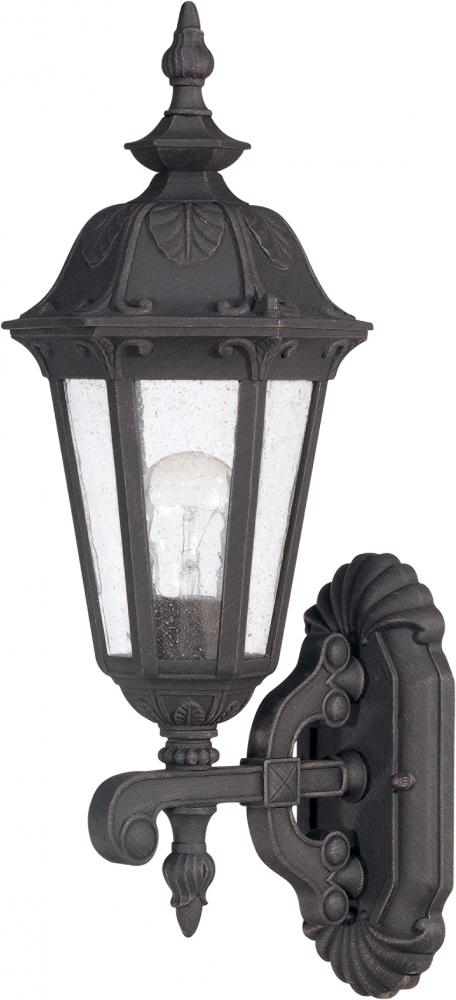 1-Light Small Outdoor Wall Lantern (Arm Up) in Satin Iron Ore Finish and Seeded Mist Glass