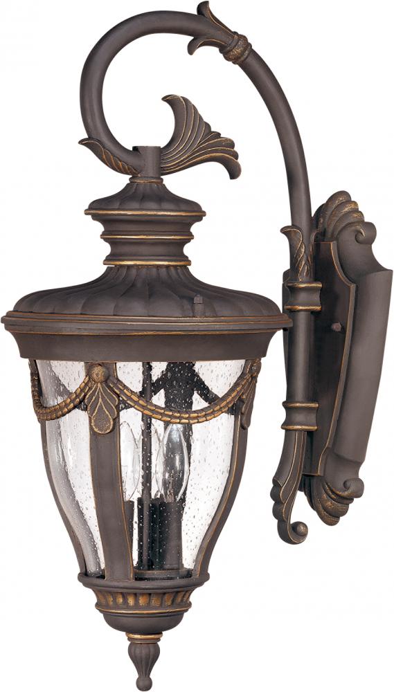 3-Light Large Outdoor Wall Lantern (Arm Down) in Belgium Bronze Finish and Clear Seeded Glass