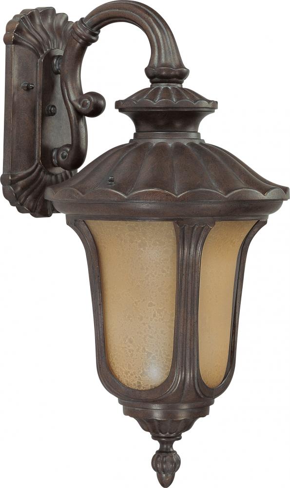 1-Light Small Outdoor Wall Lantern (Arm Down) with Photocell in Fruitwood Finish with Sienna Glass