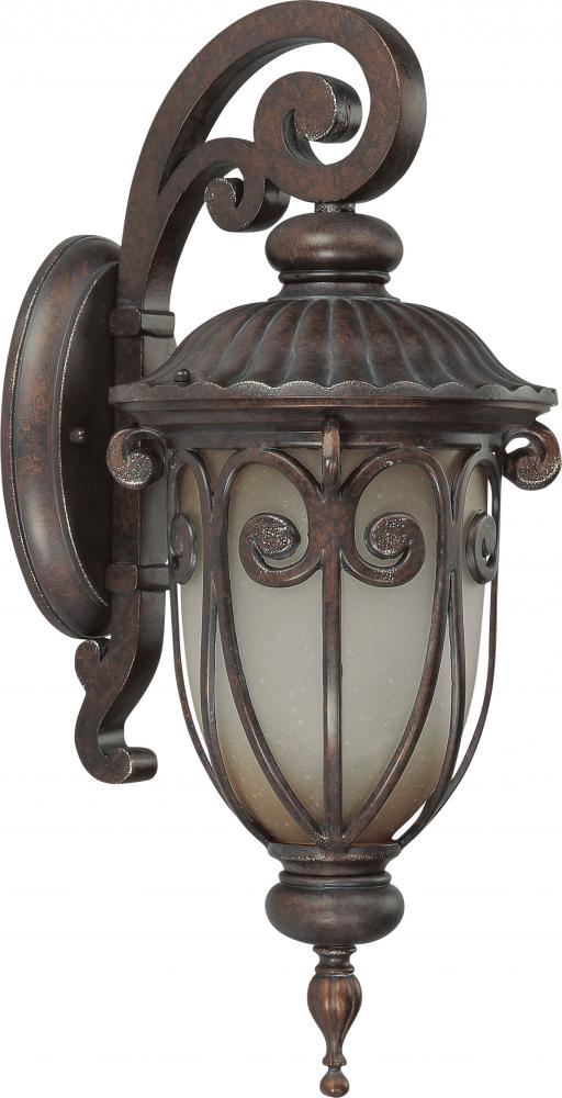 1-Light Small Outdoor Wall Lantern (Arm Down) with Photocell in Burlwood Finish with Frosted Wheat