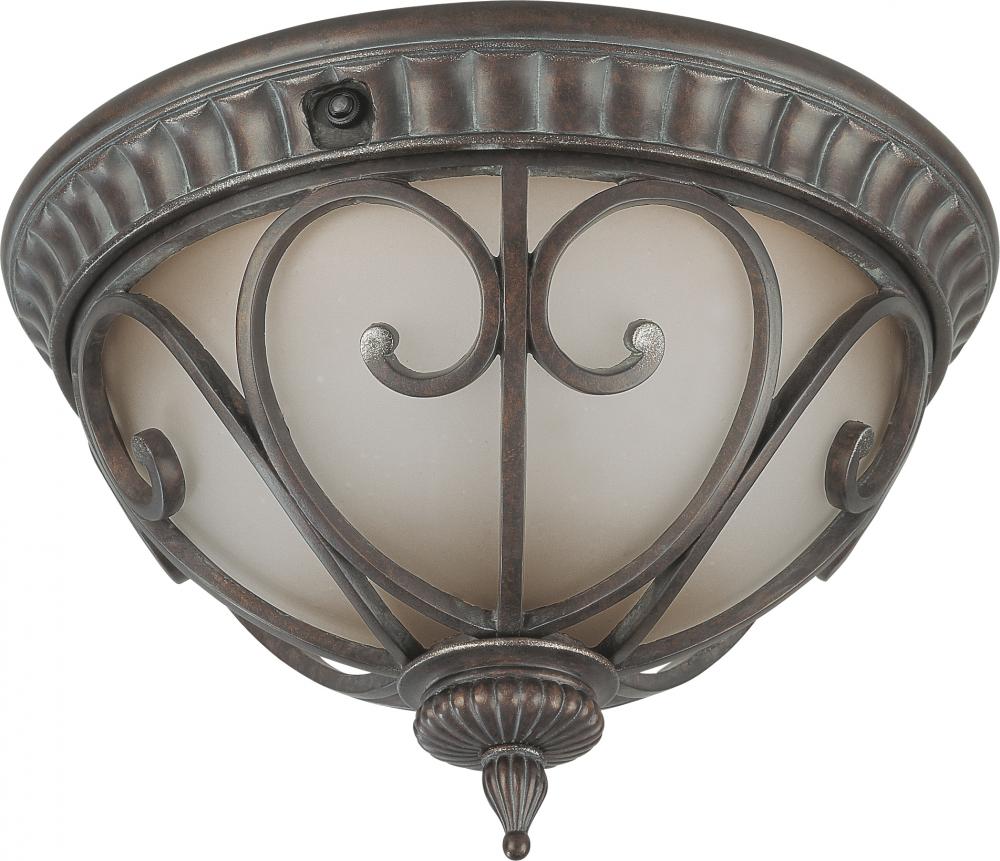 2-Light Flush Mount Outdoor Ceiling Light with Photocell in Burlwood Finish with Frosted Wheat Glass